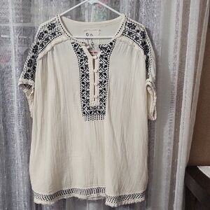 Johnny Was Cream Blouse with Black Embroidery